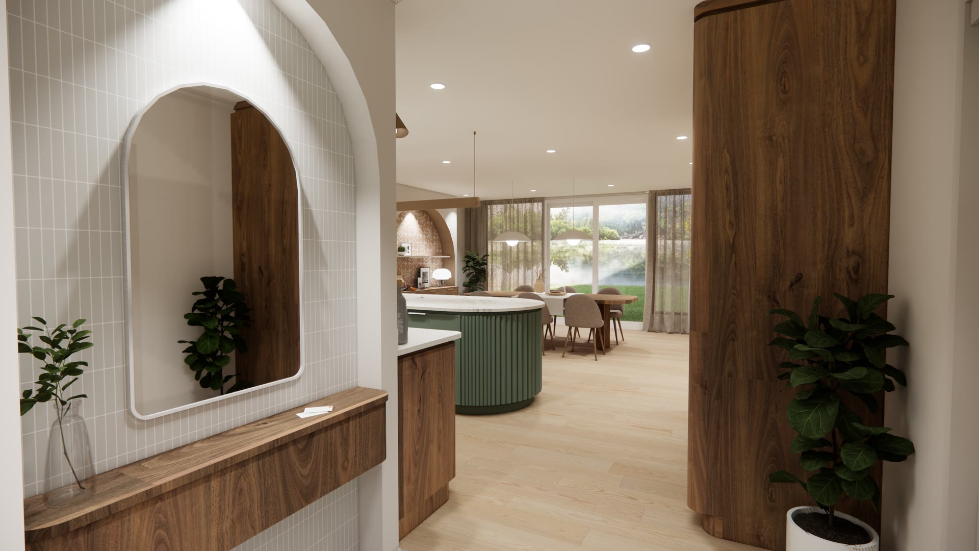 Rendu 3D d'un miroir en arche et d'une colonne de bois arrondie ouvrant sur la cuisine, rénovation à Sillery, Québec